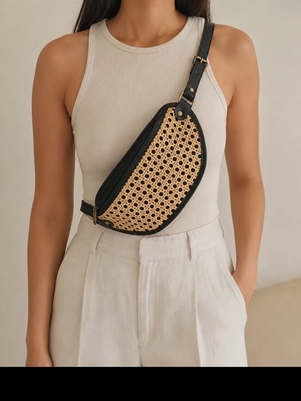 Village Thrive Leather Woven Rattan Cane Crossbody Belt Bag - Black and Natural